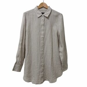Talbots Womens 100% Linen Button Up Long Sleeve Tunic Shirt Size L Neutral Beach